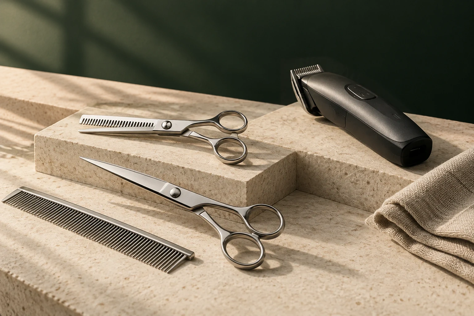 Editorial concept of professional grooming shears, a clipper and a comb