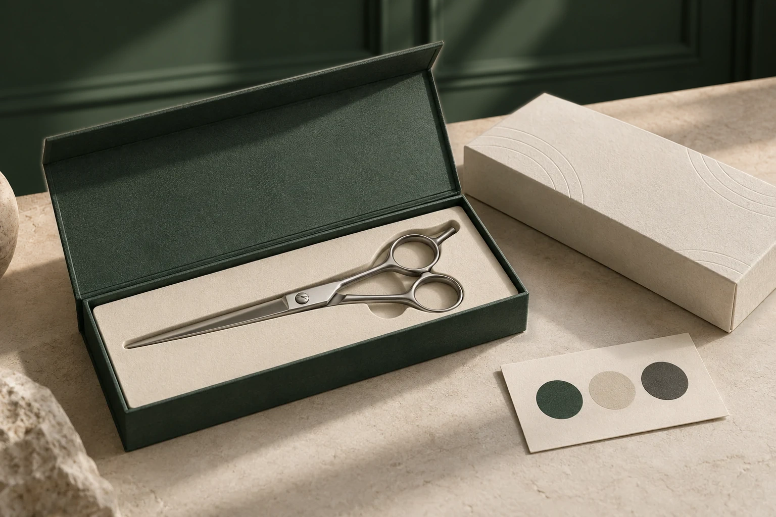 Illustrative private-label grooming tool packaging concept in forest green and ivory